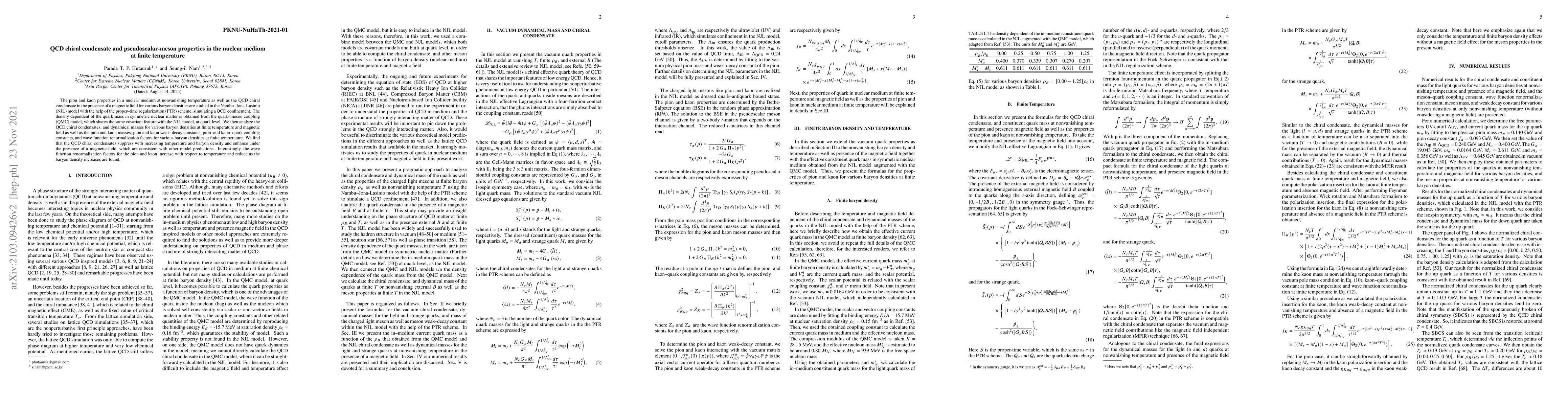 Thumbnail for QCD chiral condensate and pseudoscalar-meson properties in the nuclear
  medium at finite temperature