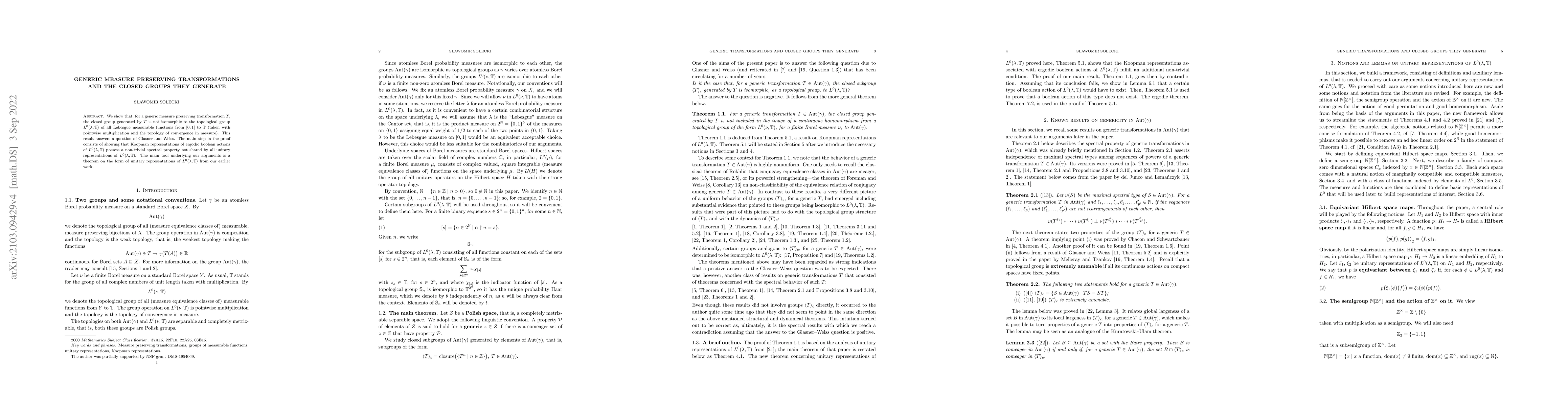 Thumbnail for Generic measure preserving transformations and the closed groups they
  generate