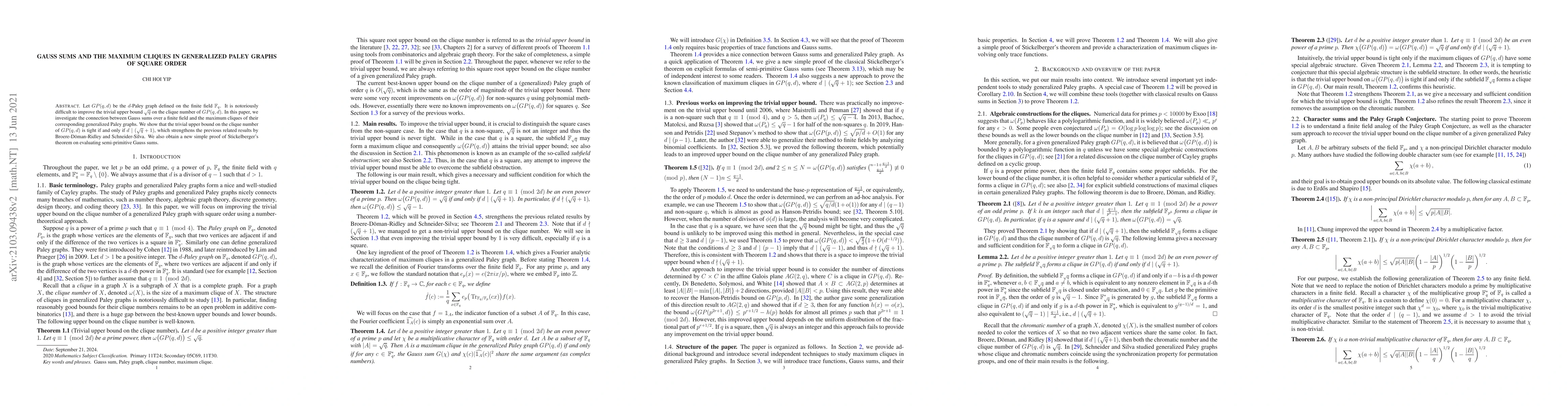 Thumbnail for Gauss sums and the maximum cliques in generalized Paley graphs of square
  order