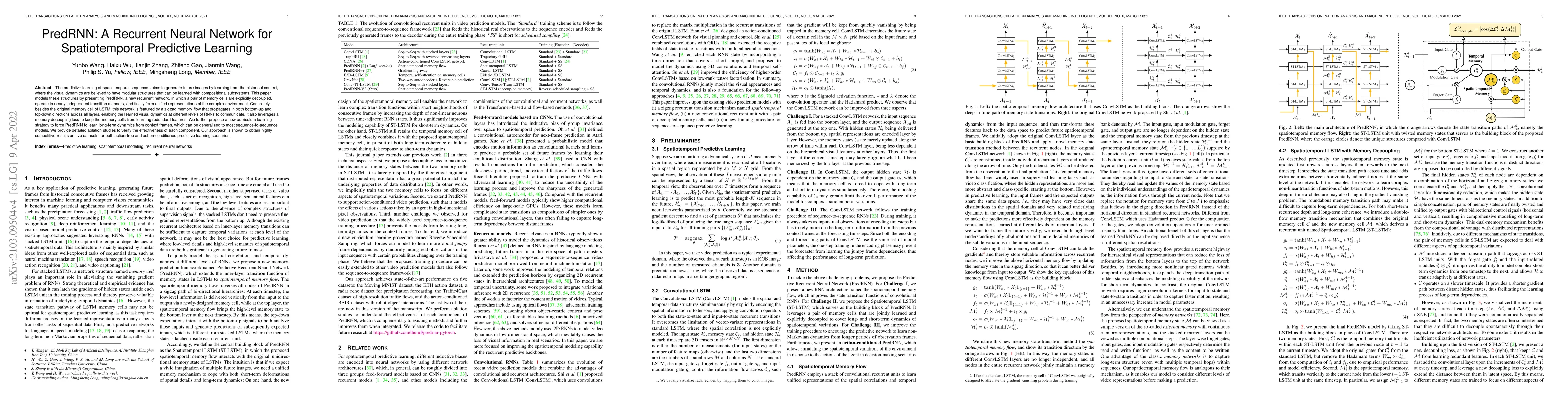 Thumbnail for PredRNN: A Recurrent Neural Network for Spatiotemporal Predictive
  Learning