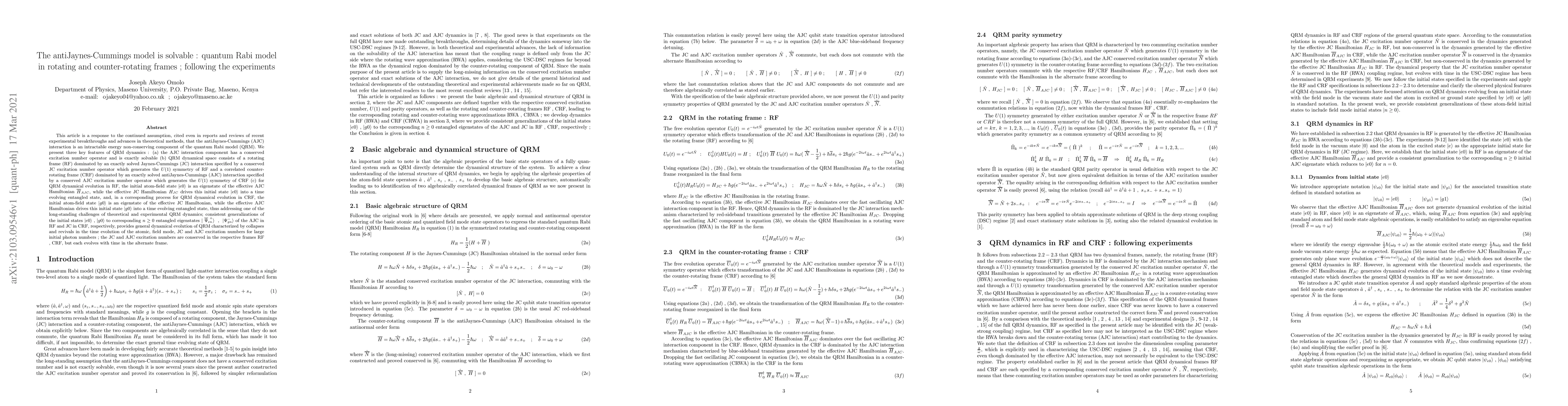 Thumbnail for The anti-Jaynes-Cummings model is solvable : quantum Rabi model in
  rotating and counter-rotating frames ; following the experiments