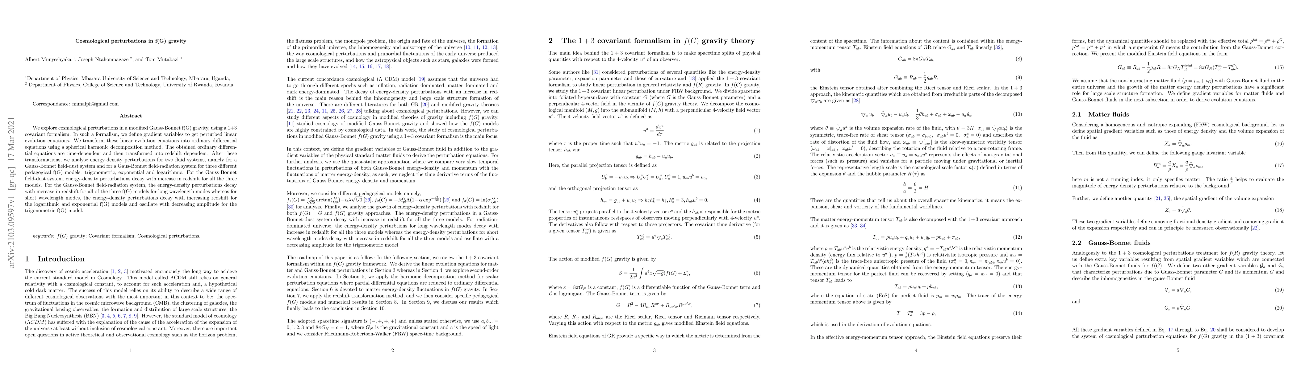 Thumbnail for Cosmological perturbations in f(G) gravity