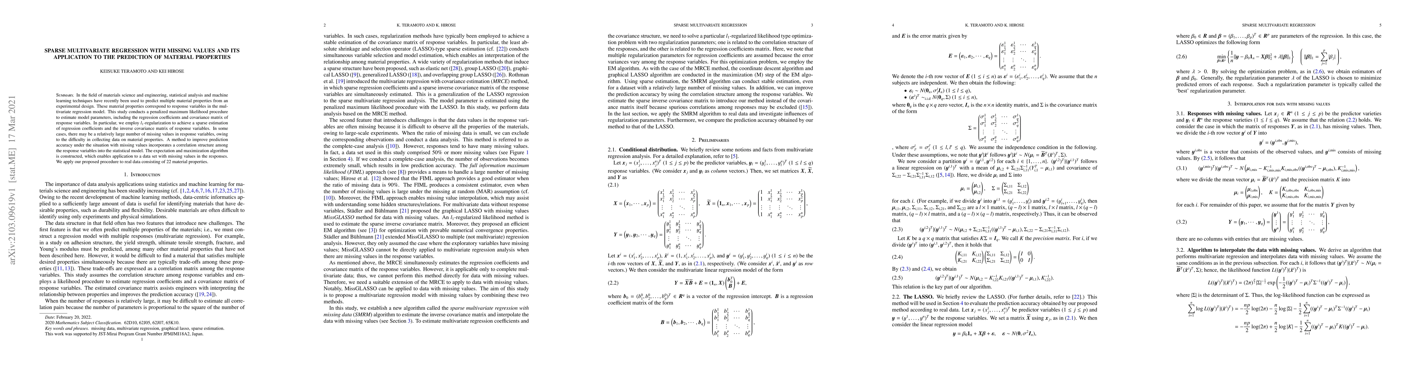 Thumbnail for Sparse multivariate regression with missing values and its application
  to the prediction of material properties