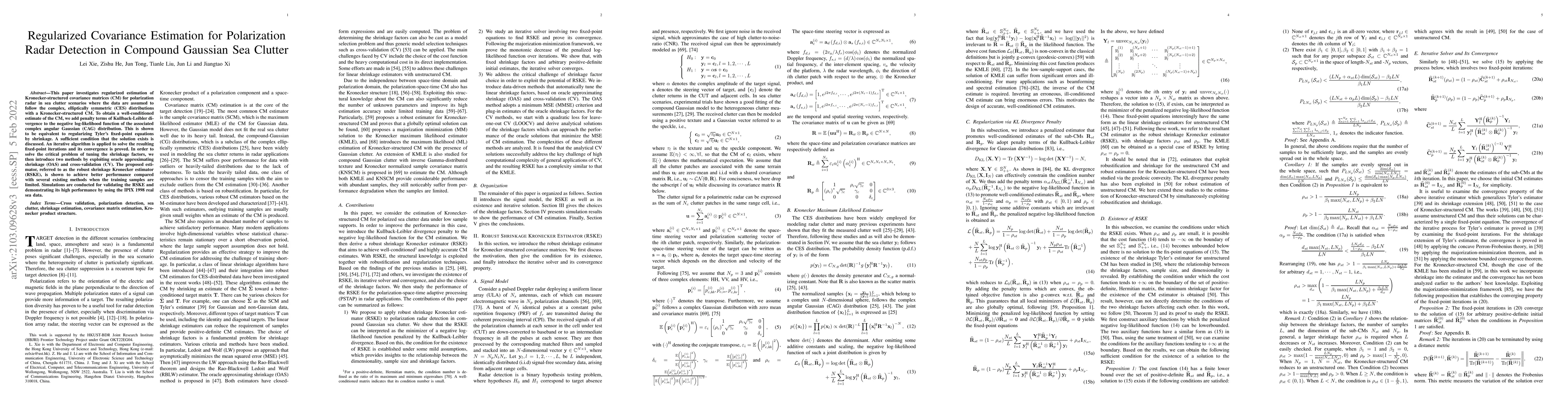 Thumbnail for Regularized Covariance Estimation for Polarization Radar Detection in
  Compound Gaussian Sea Clutter