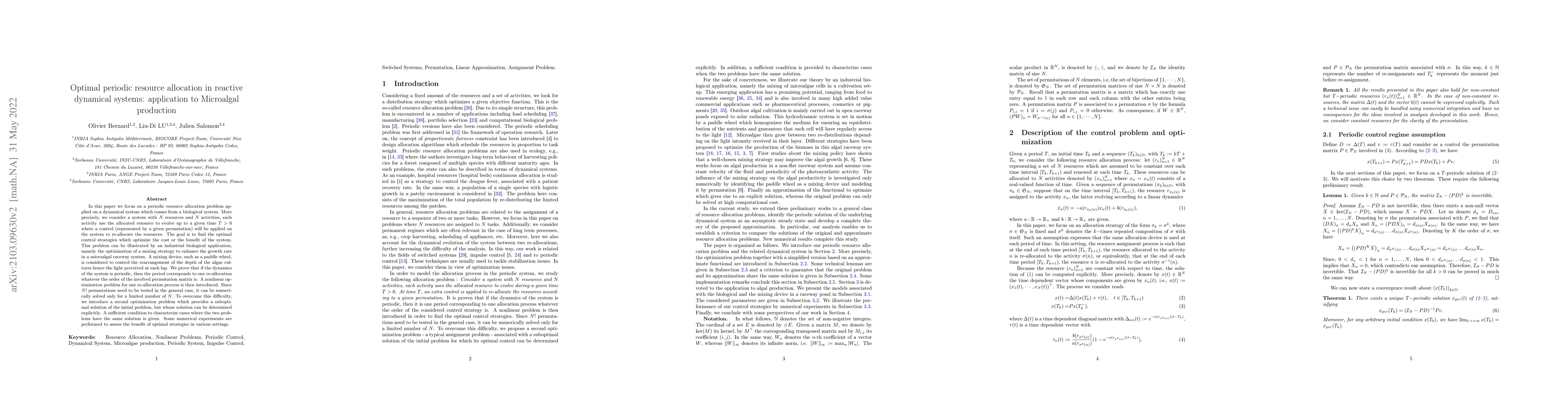 Thumbnail for Optimal periodic resource allocation in reactive dynamical systems:
  Application to microalgal production
