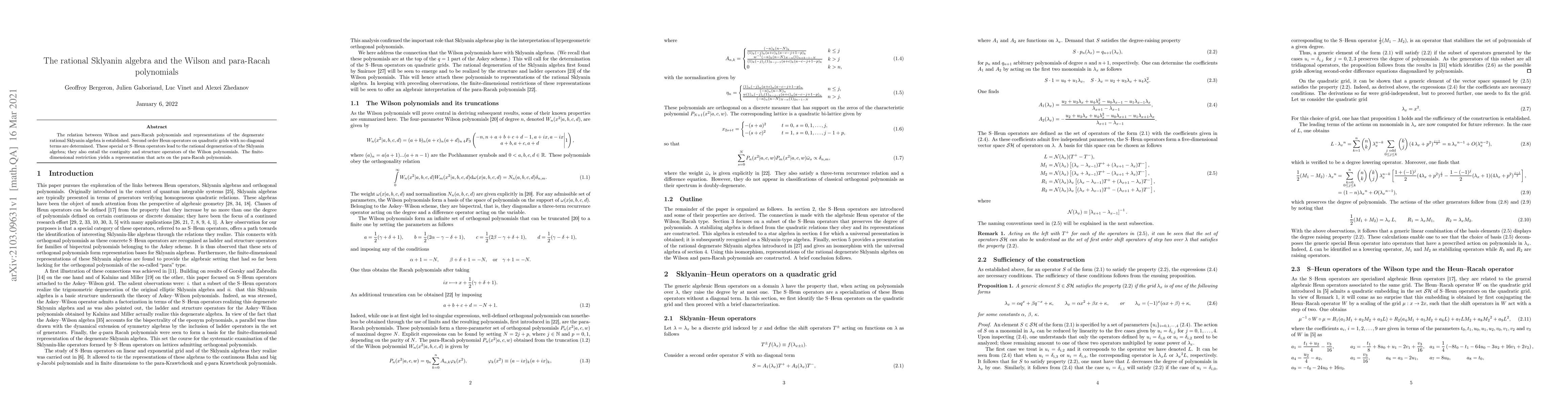 Thumbnail for The rational Sklyanin algebra and the Wilson and para-Racah polynomials