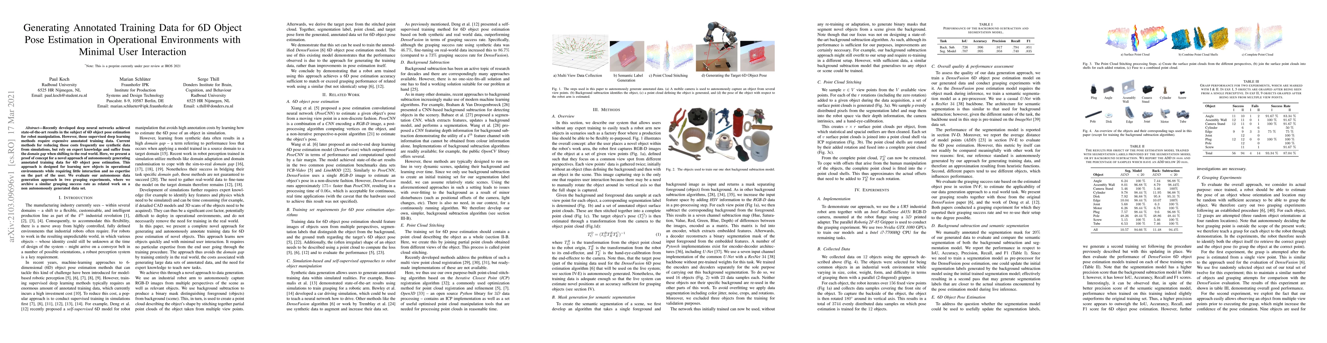Thumbnail for Generating Annotated Training Data for 6D Object Pose Estimation in
  Operational Environments with Minimal User Interaction
