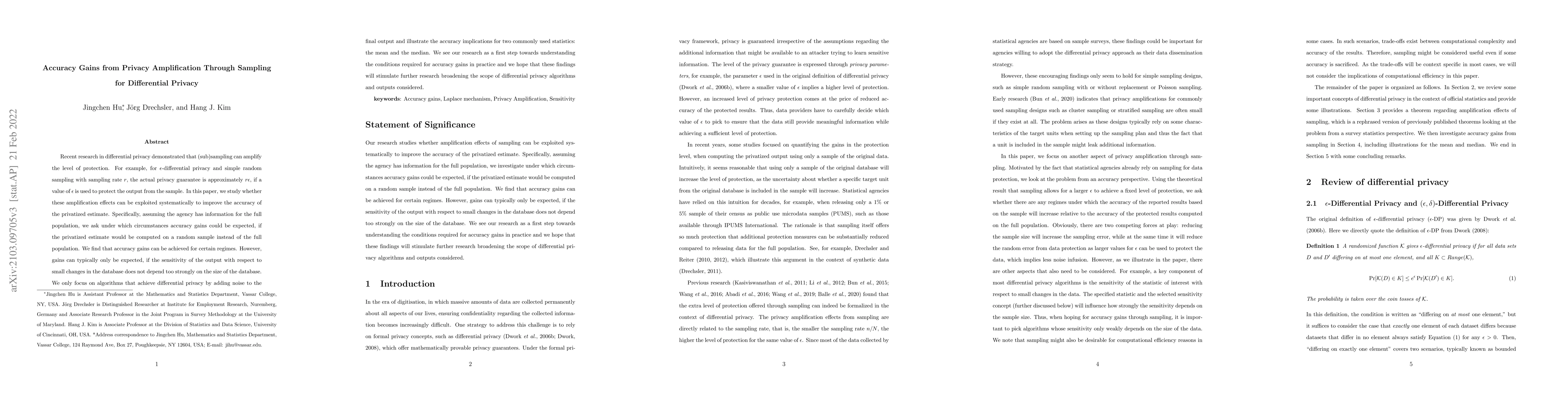 Thumbnail for Accuracy Gains from Privacy Amplification Through Sampling for
  Differential Privacy