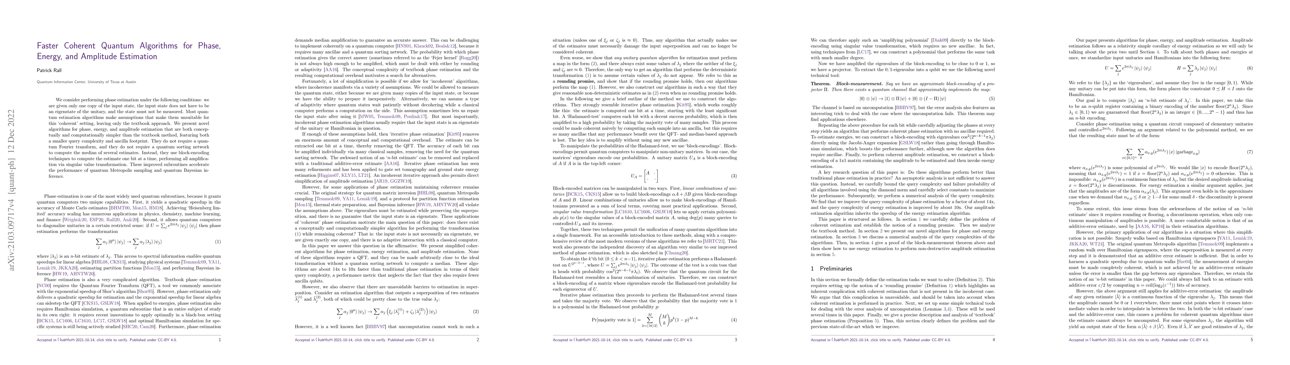 Thumbnail for Faster Coherent Quantum Algorithms for Phase, Energy, and Amplitude
  Estimation