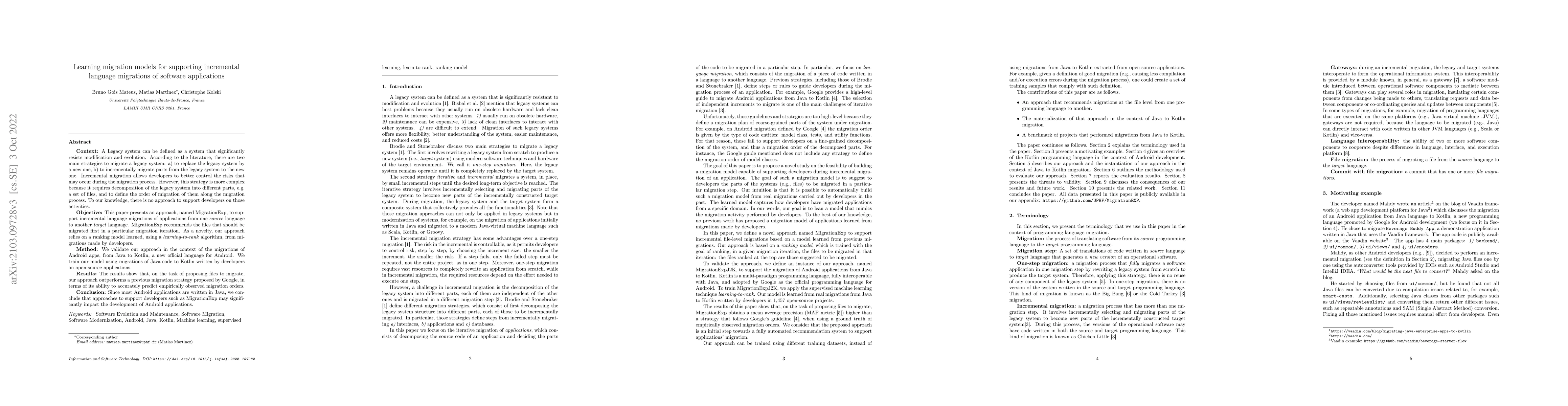 Thumbnail for Learning migration models for supporting incremental language migrations
  of software applications