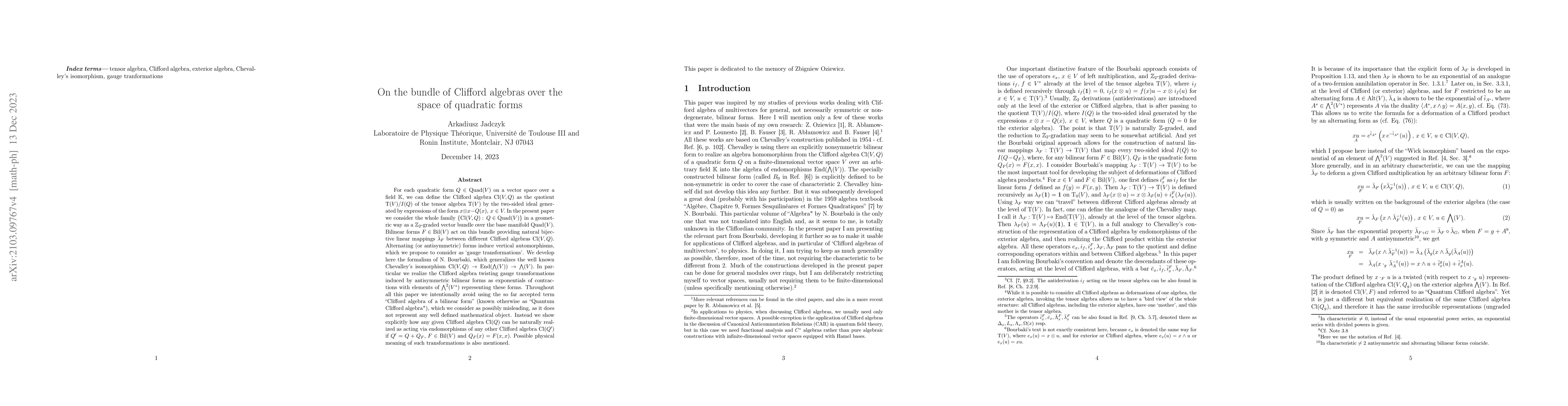 Thumbnail for On the bundle of Clifford algebras over the space of quadratic forms