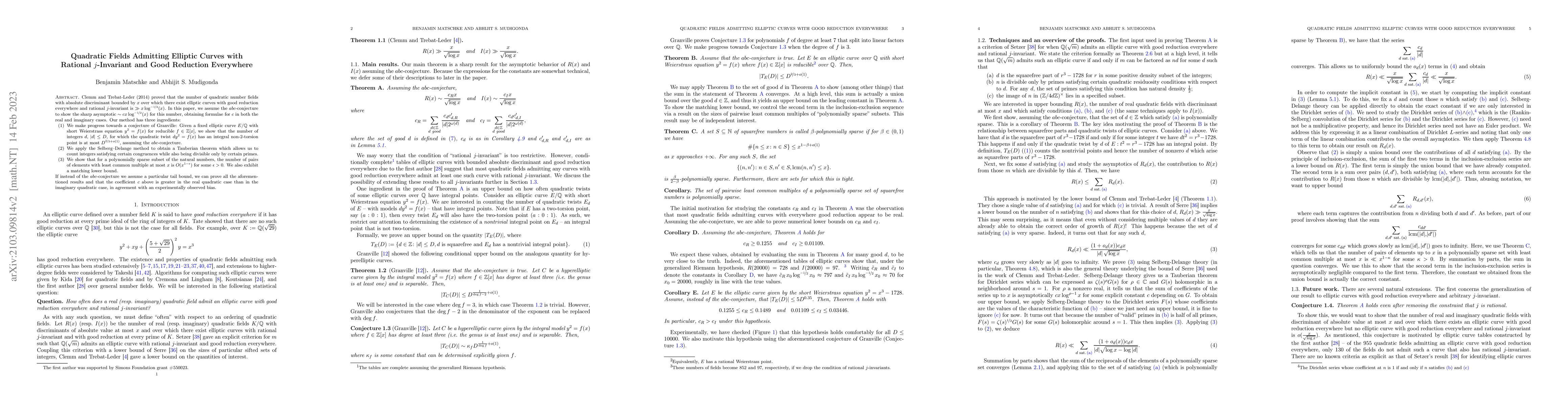 Thumbnail for Quadratic Fields Admitting Elliptic Curves with Rational $j$-Invariant
  and Good Reduction Everywhere