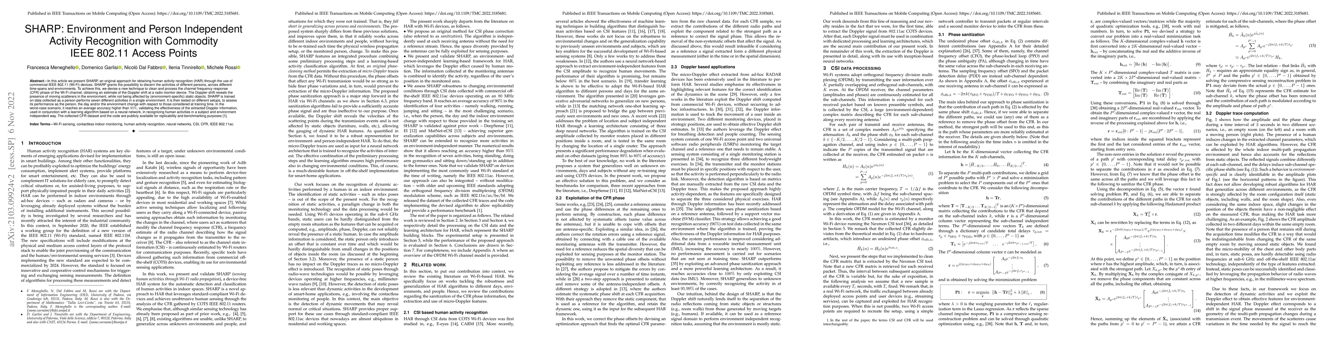 Thumbnail for SHARP: Environment and Person Independent Activity Recognition with
  Commodity IEEE 802.11 Access Points