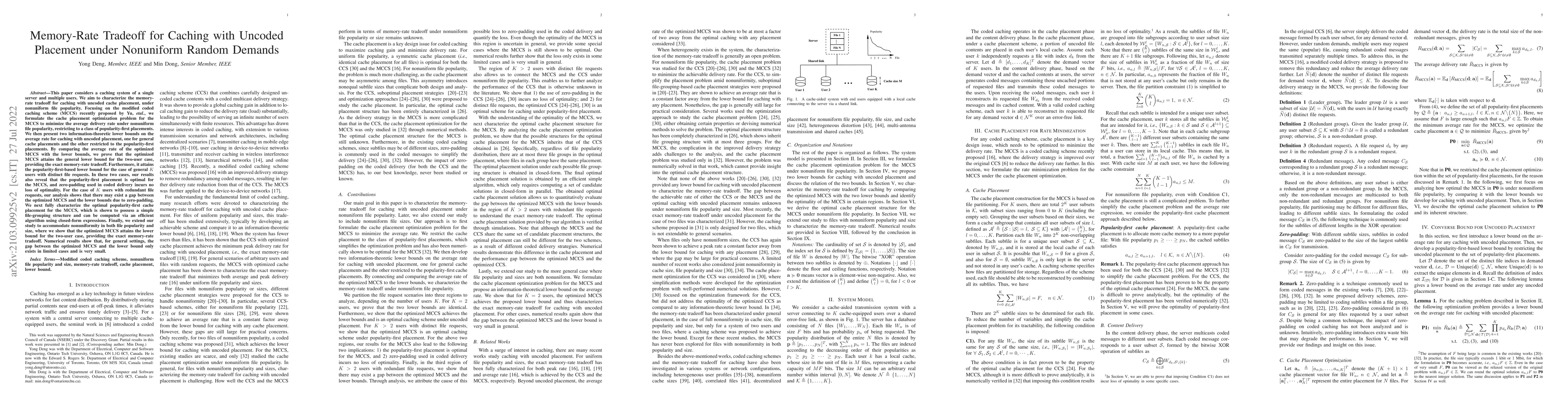 Thumbnail for Memory-Rate Tradeoff for Caching with Uncoded Placement under Nonuniform
  Random Demands