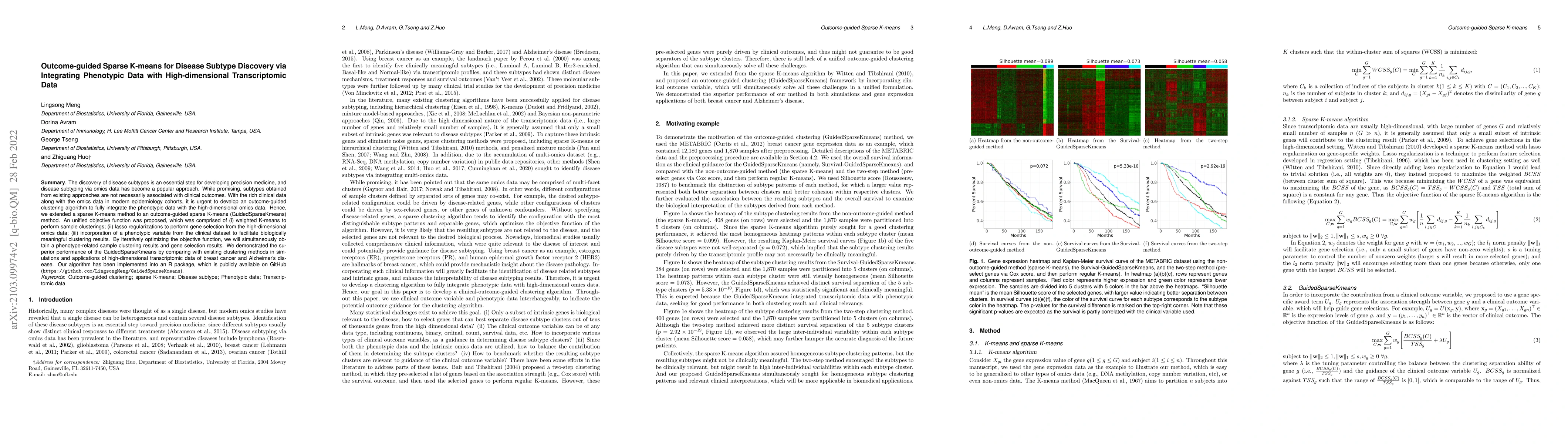 Thumbnail for Outcome-guided Sparse K-means for Disease Subtype Discovery via
  Integrating Phenotypic Data with High-dimensional Transcriptomic Data