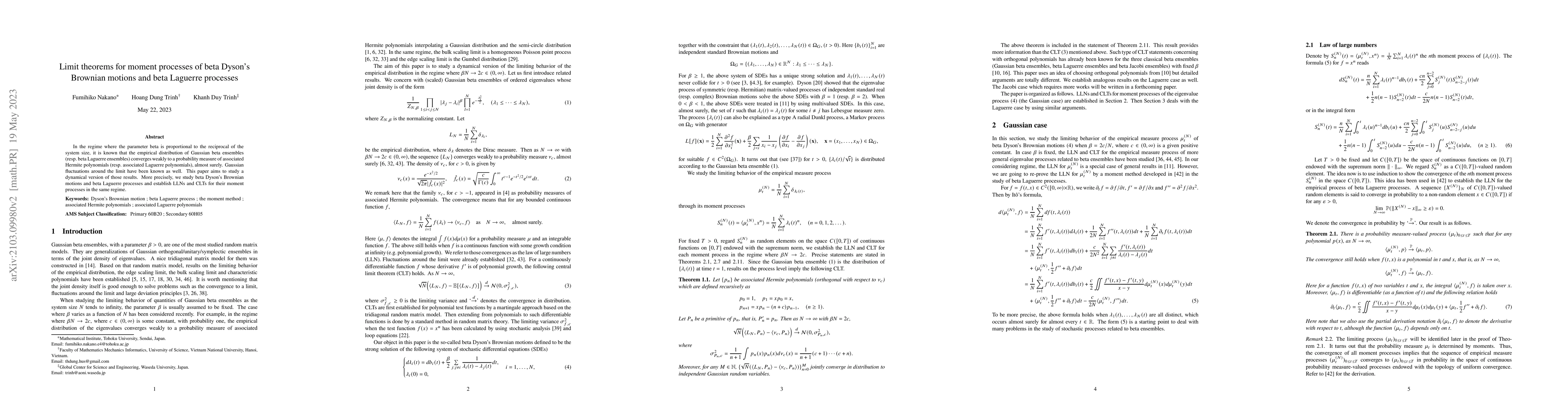 Thumbnail for Limit theorems for moment processes of beta Dyson's Brownian motions and
  beta Laguerre processes