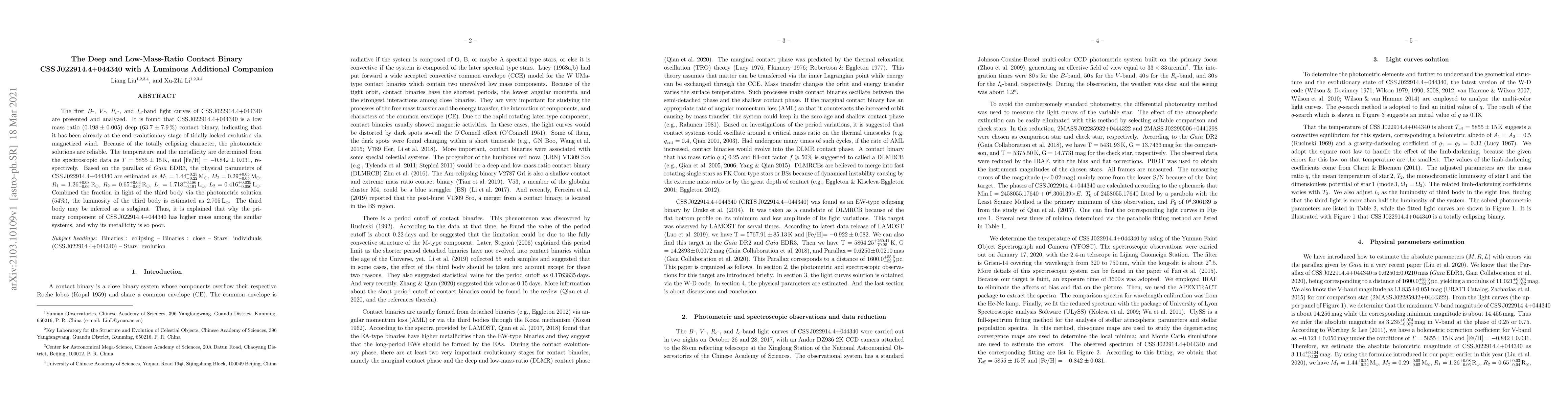 Thumbnail for The Deep and Low-Mass-Ratio Contact Binary CSS J022914.4+044340 with A
  Luminous Additional Companion