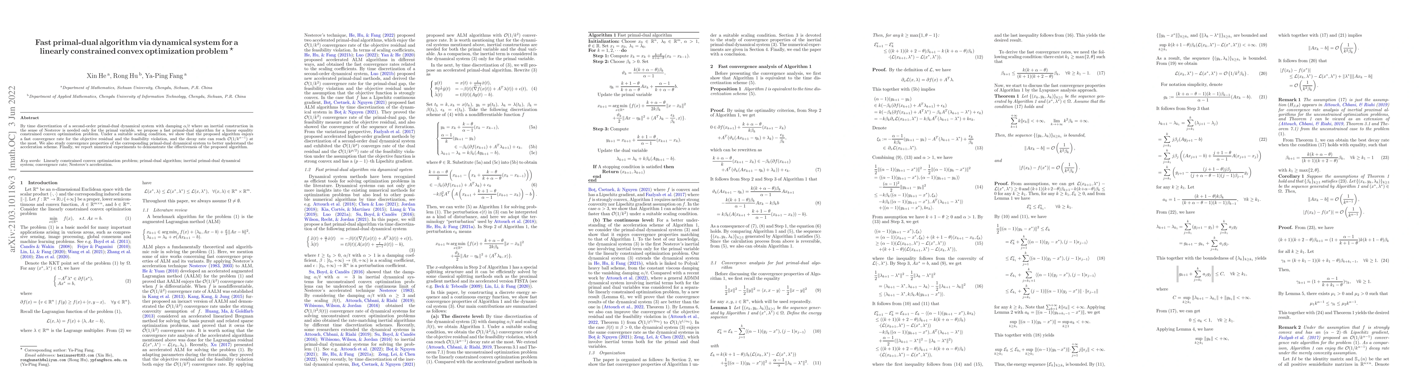 Thumbnail for Fast primal-dual algorithm via dynamical system for a linearly
  constrained convex optimization problem
