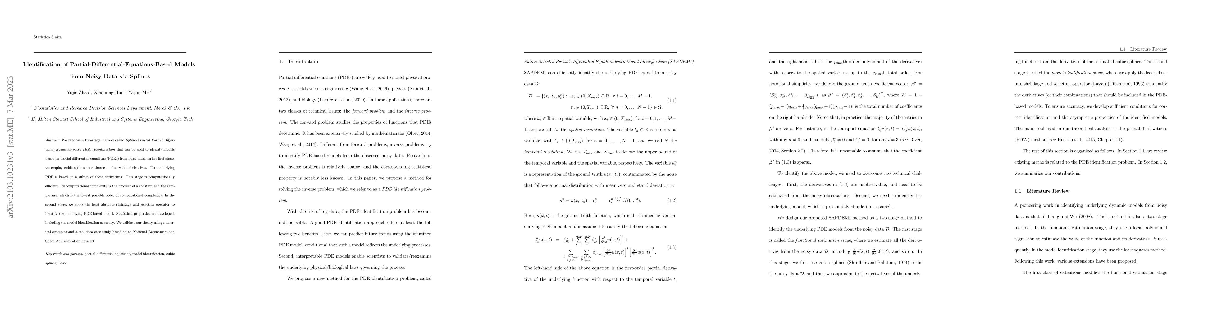 Thumbnail for Identification of Partial-Differential-Equations-Based Models from Noisy
  Data via Splines