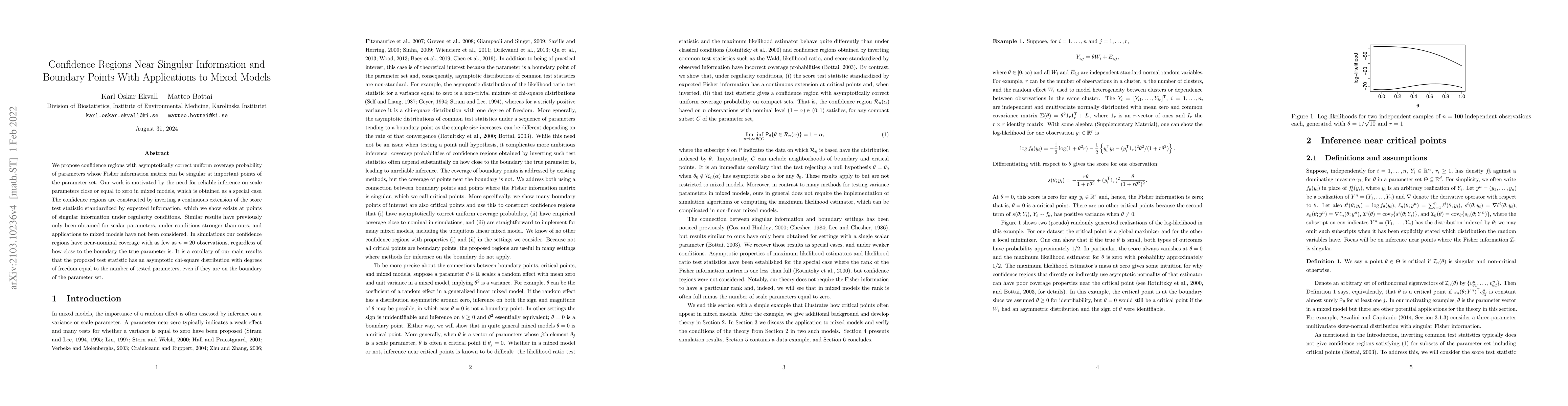 Thumbnail for Confidence Regions Near Singular Information and Boundary Points With
  Applications to Mixed Models