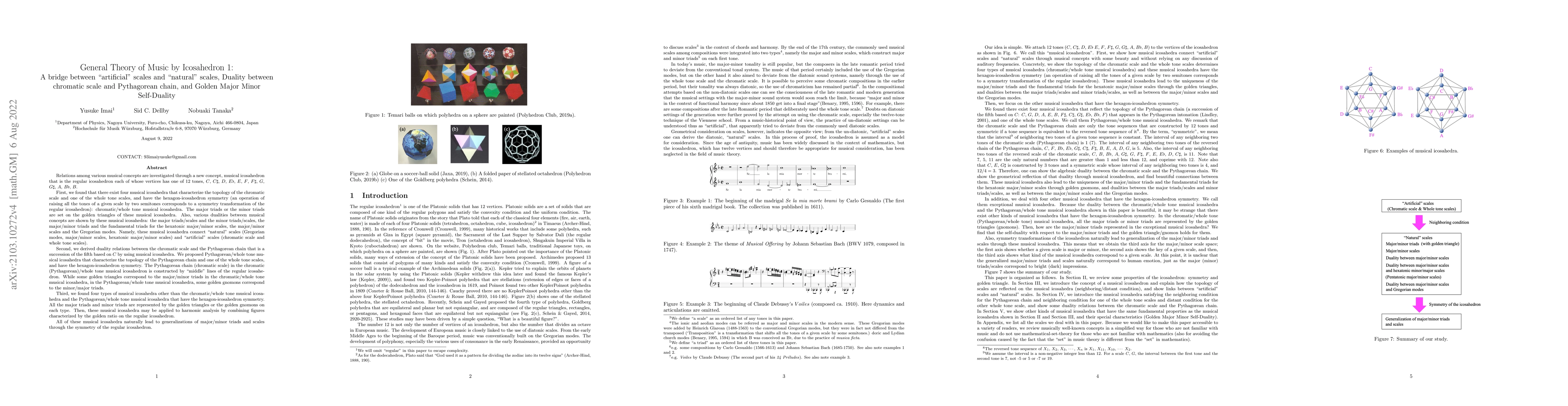 Thumbnail for General Theory of Music by Icosahedron 1: A bridge between "artificial"
  scales and "natural" scales, Duality between chromatic scale and Pythagorean
  chain, and Golden Major Minor Self-Duality