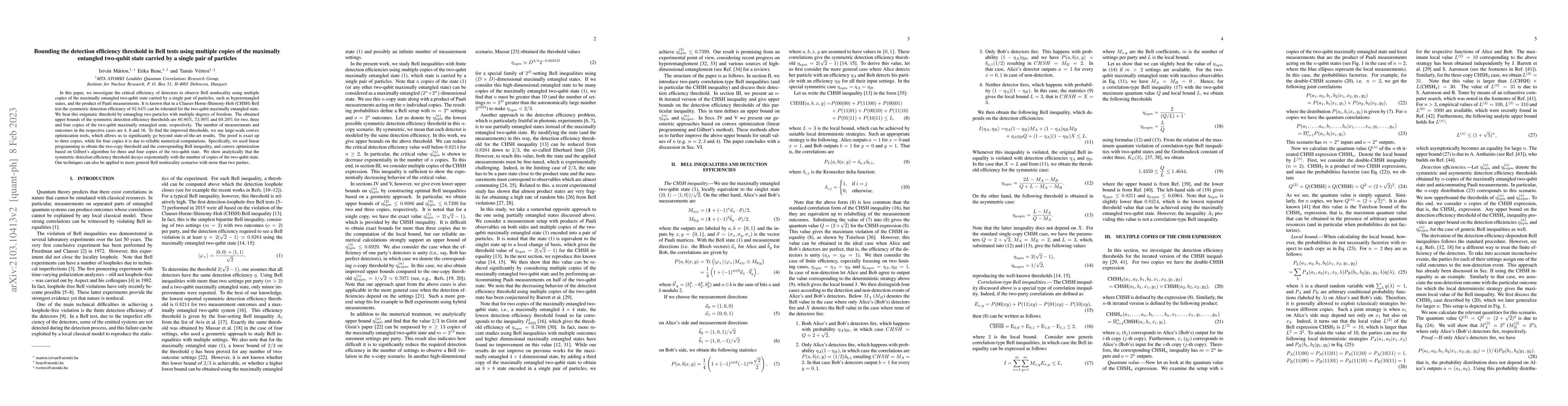 Thumbnail for Bounding the detection efficiency threshold in Bell tests using multiple
  copies of the maximally entangled two-qubit state carried by a single pair of
  particles