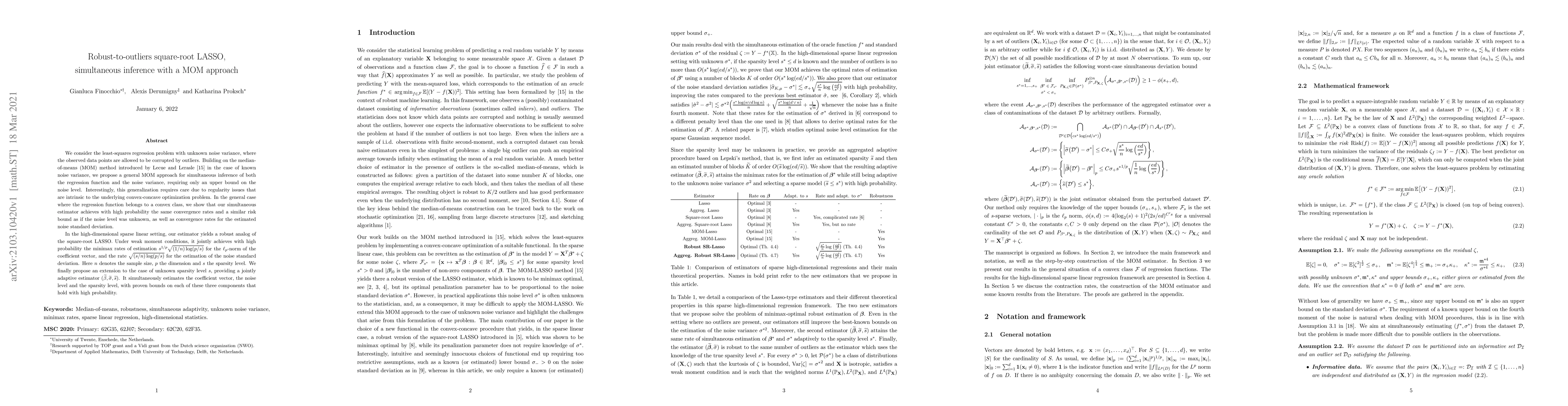 Thumbnail for Robust-to-outliers square-root LASSO, simultaneous inference with a MOM
  approach
