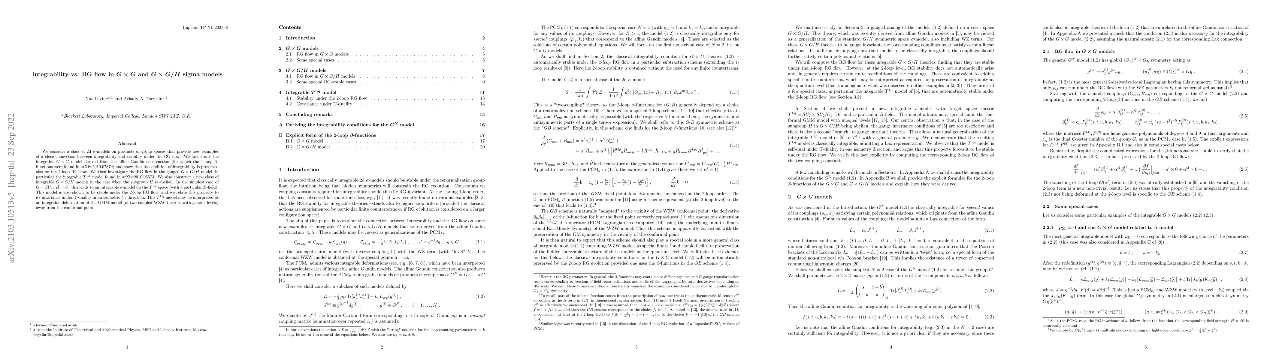 Thumbnail for Integrability vs. RG flow in $G \times G$ and $G \times G /H$ sigma
  models