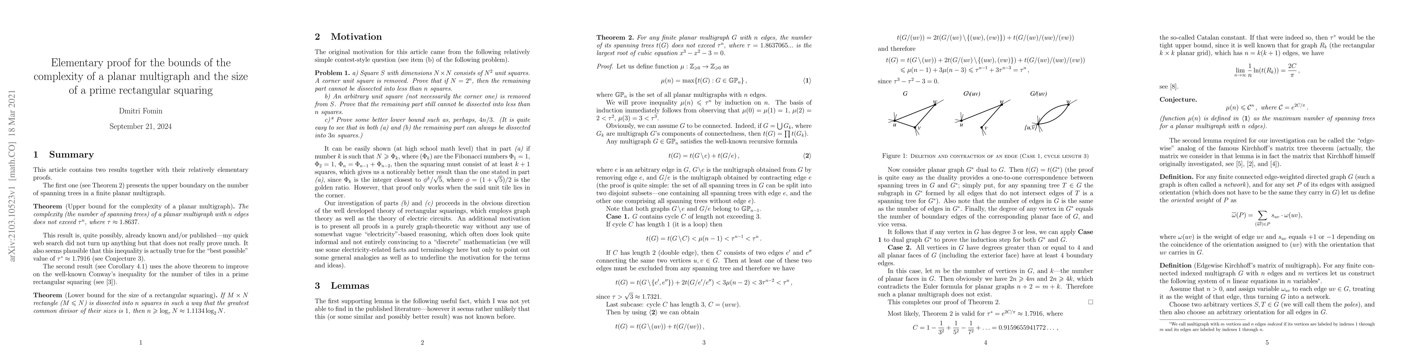 Thumbnail for Elementary proof for the bounds of the complexity of a planar multigraph
  and the size of a prime rectangular squaring