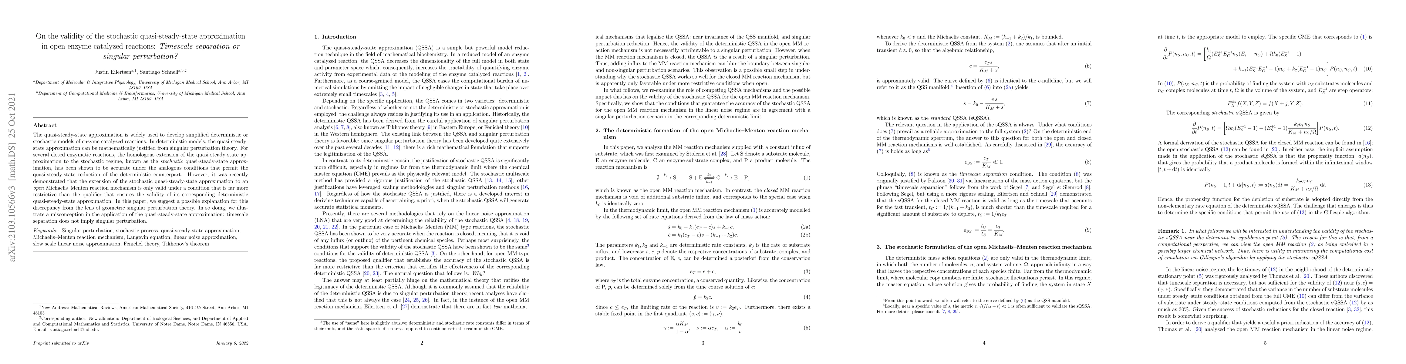Thumbnail for On the validity of the stochastic quasi-steady-state approximation in
  open enzyme catalyzed reactions: Timescale separation or singular
  perturbation?