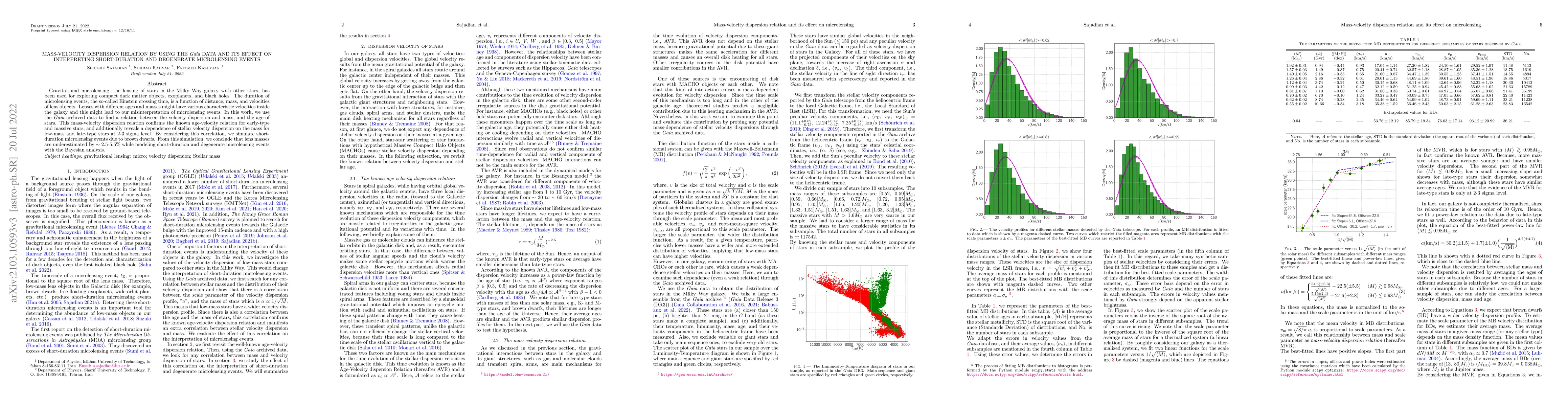 Thumbnail for Mass-velocity dispersion relation by using the \textit{Gaia} data and
  its effect on interpreting short-duration and degenerate microlensing events