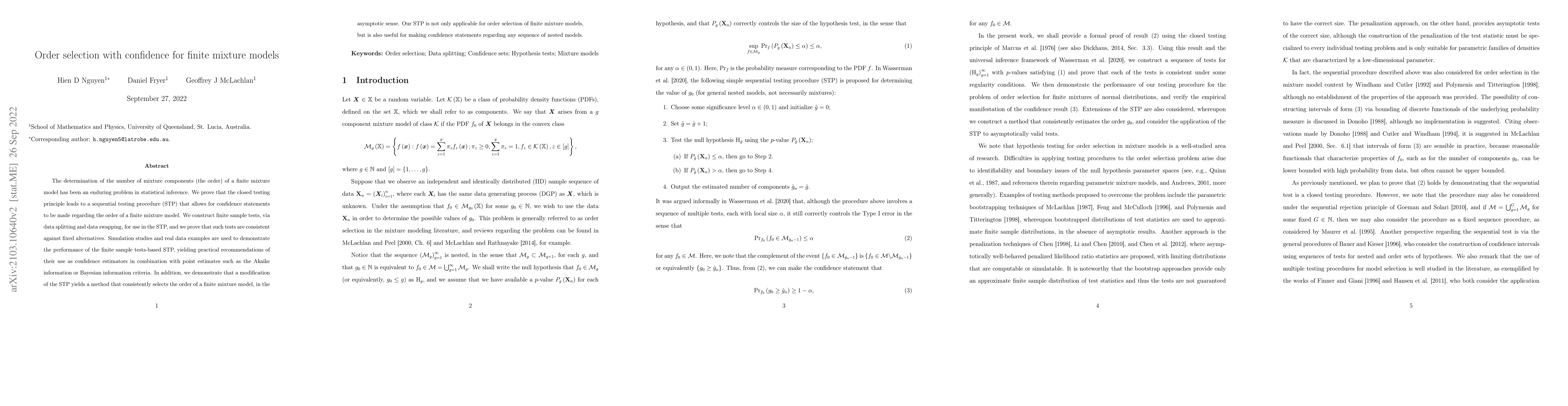 Thumbnail for Order selection with confidence for finite mixture models