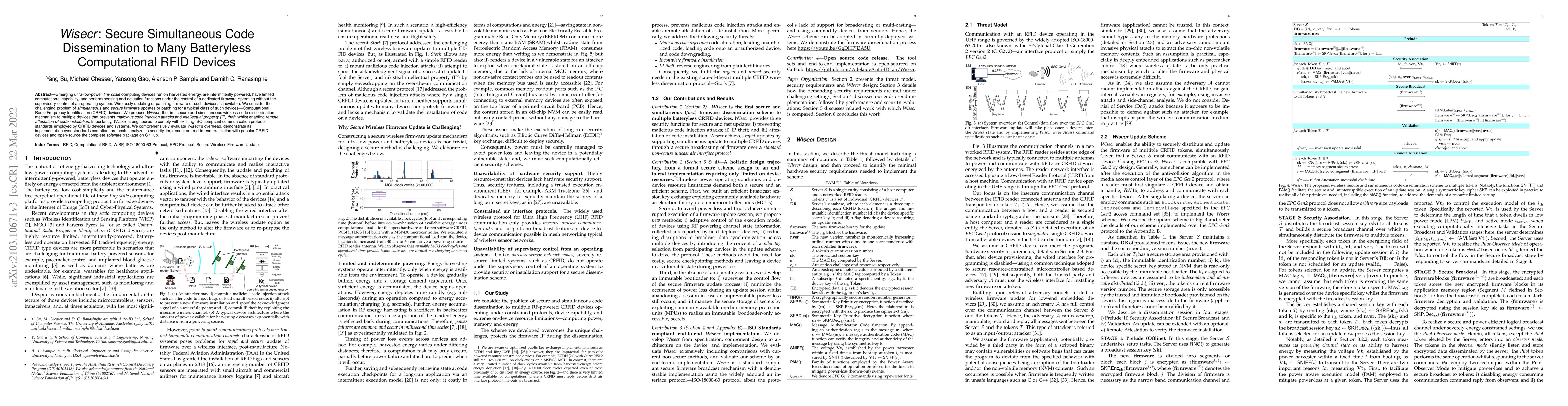 Thumbnail for Wisecr: Secure Simultaneous Code Disseminationto Many Batteryless
  Computational RFID Devices