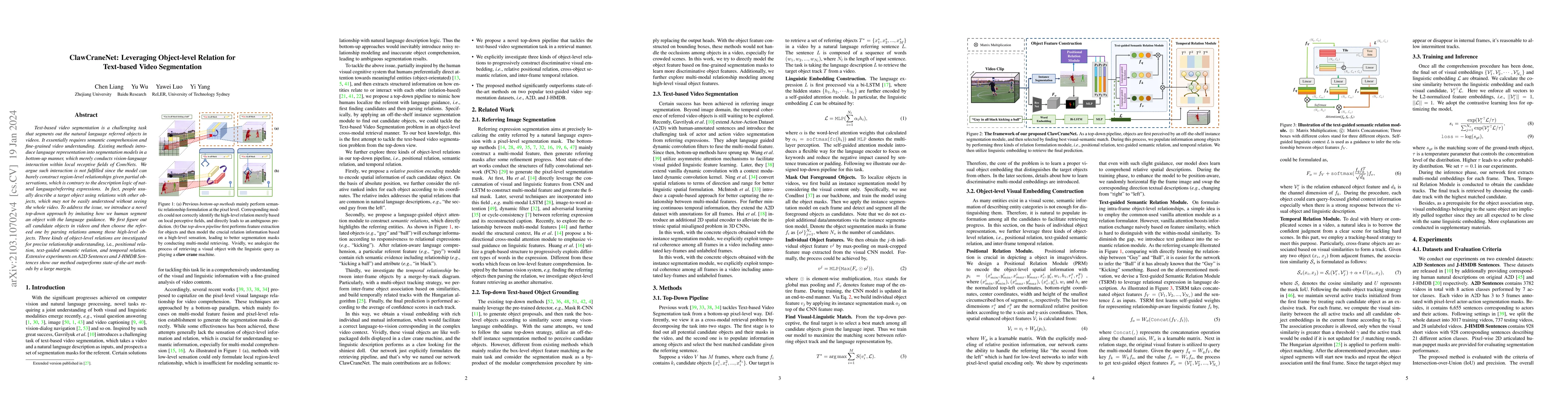 Thumbnail for ClawCraneNet: Leveraging Object-level Relation for Text-based Video
  Segmentation