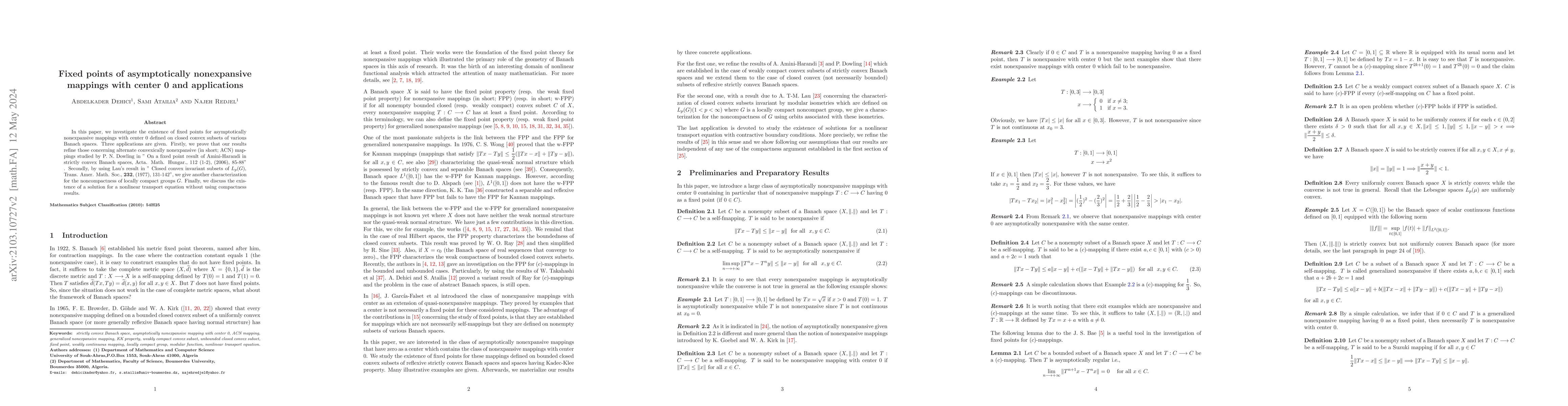 Thumbnail for Fixed points of asymptotically nonexpansive mappings with center 0 and
  applications