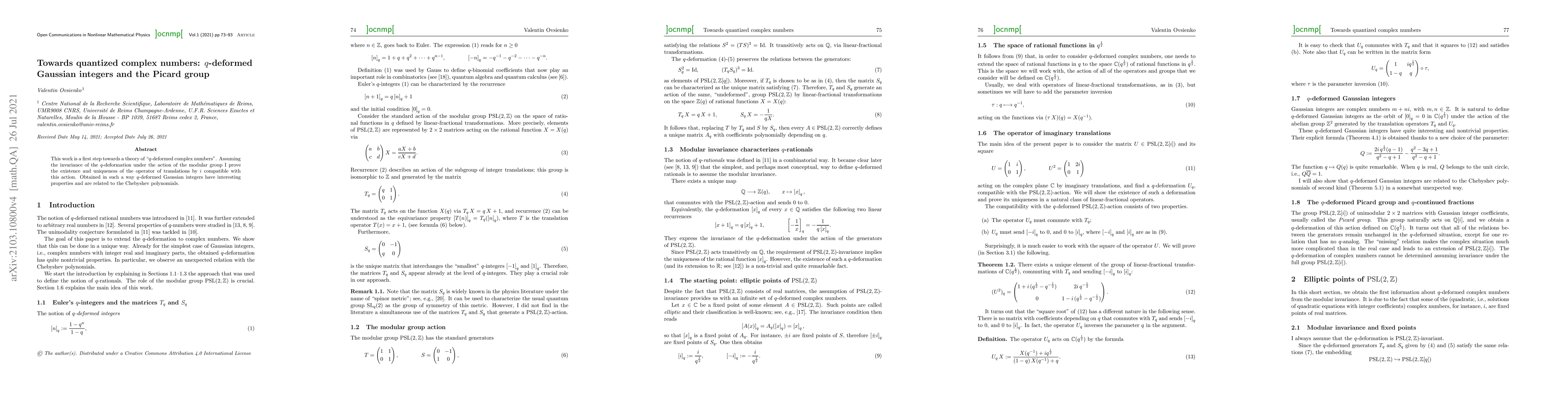 Thumbnail for Towards quantized complex numbers: $q$-deformed Gaussian integers and
  the Picard group