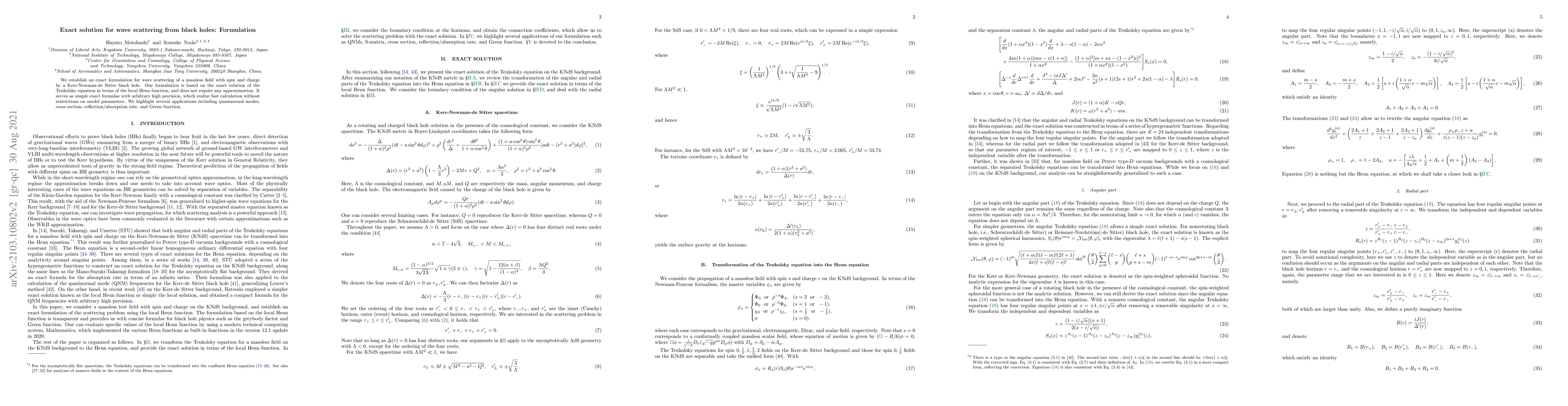 Thumbnail for Exact solution for wave scattering from black holes: Formulation