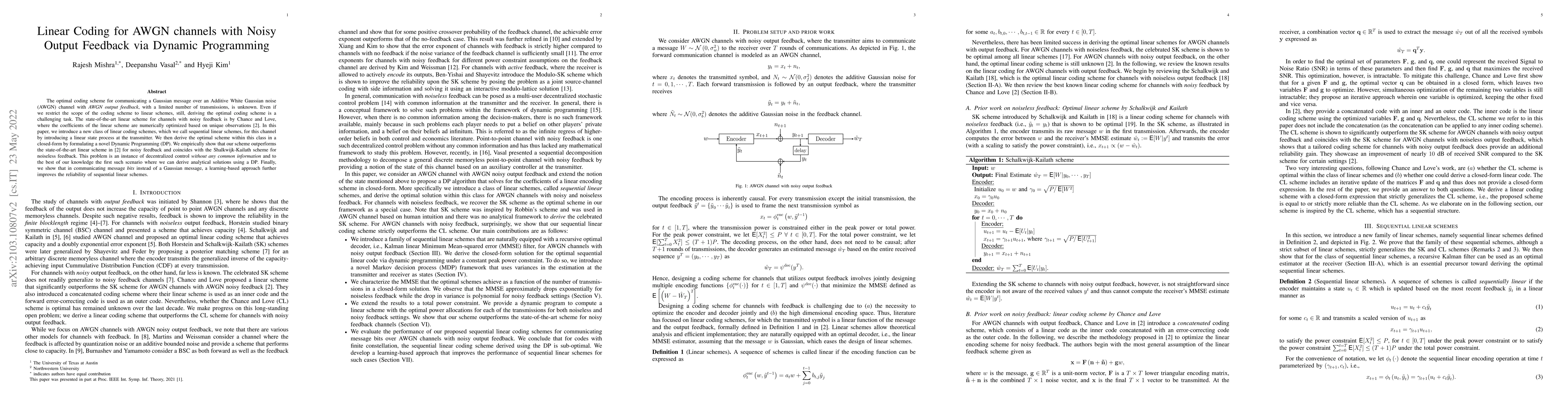 Thumbnail for Linear Coding for AWGN channels with Noisy Output Feedback via Dynamic
  Programming