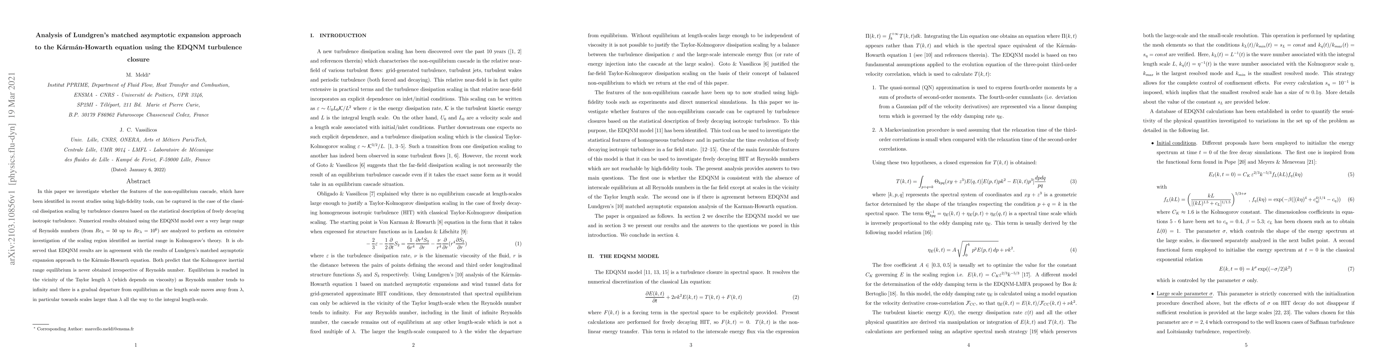 Thumbnail for Analysis of Lundgren's matched asymptotic expansion approach to the
  K\'arm\'an-Howarth equation using the EDQNM turbulence closure