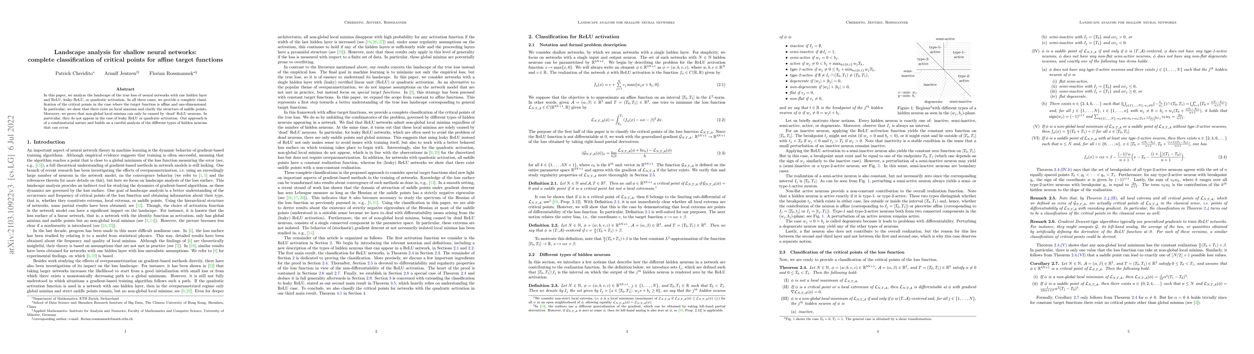 Thumbnail for Landscape analysis for shallow neural networks: complete classification
  of critical points for affine target functions