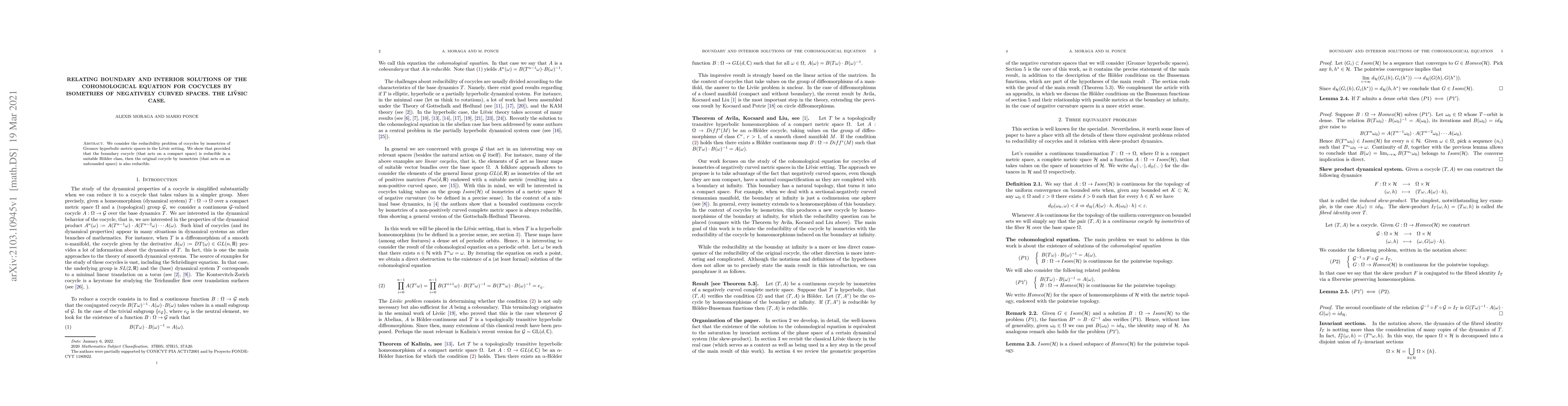 Thumbnail for Relating boundary and interior solutions of the cohomological equation
  for cocycles by isometries of negatively curved spaces. The Livsic case
