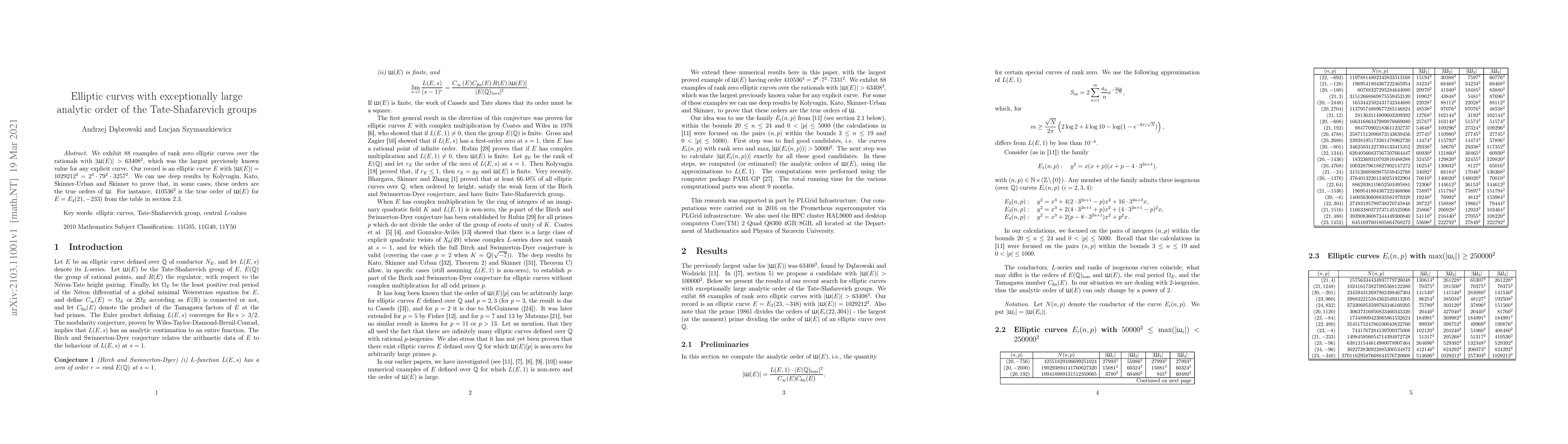 Thumbnail for Elliptic curves with exceptionally large analytic order of the
  Tate-Shafarevich groups