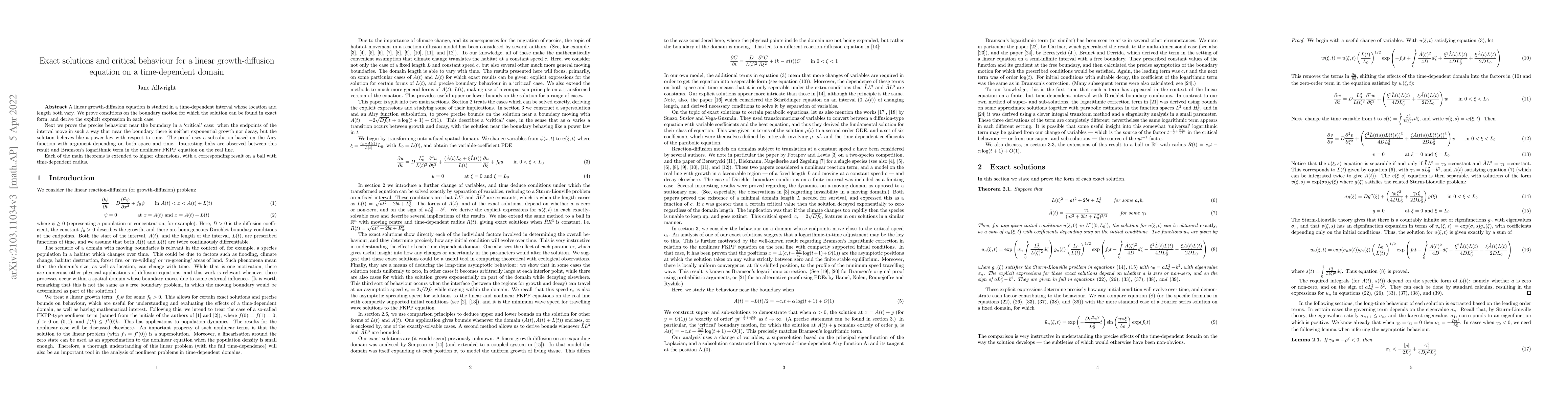 Thumbnail for Exact Solutions and Critical Behaviour for a Linear Growth-Diffusion
  Equation on a Time-Dependent Domain