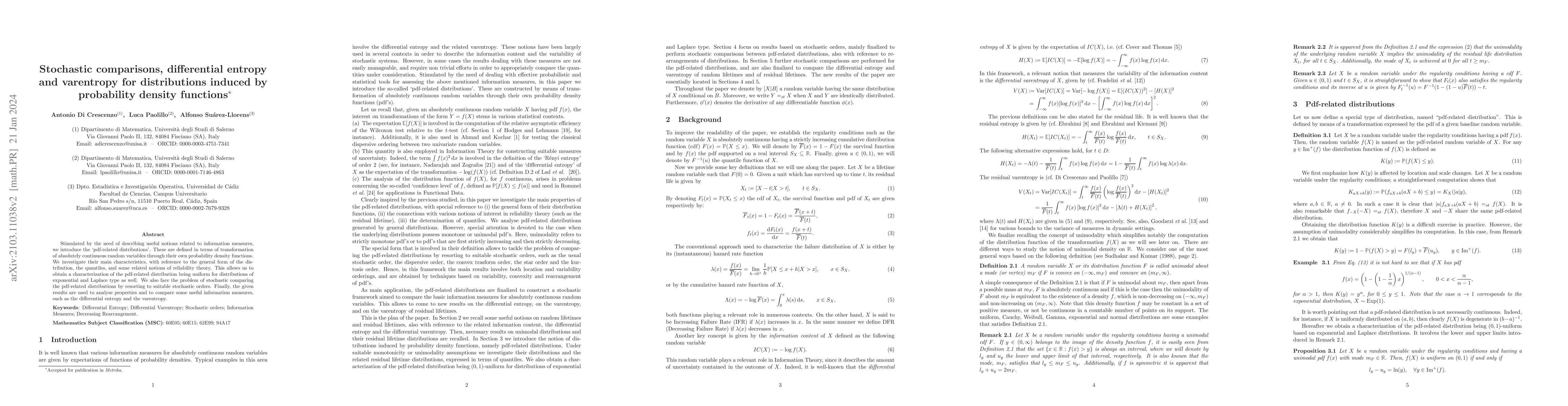 Thumbnail for Stochastic comparisons, differential entropy and varentropy for
  distributions induced by probability density functions