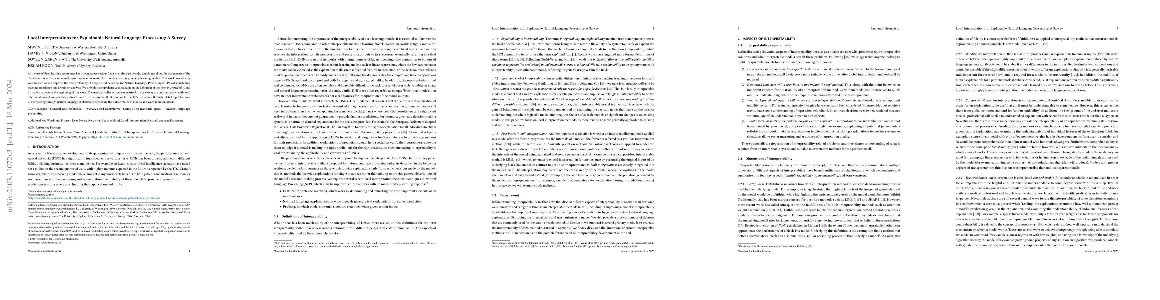 Thumbnail for Local Interpretations for Explainable Natural Language Processing: A
  Survey