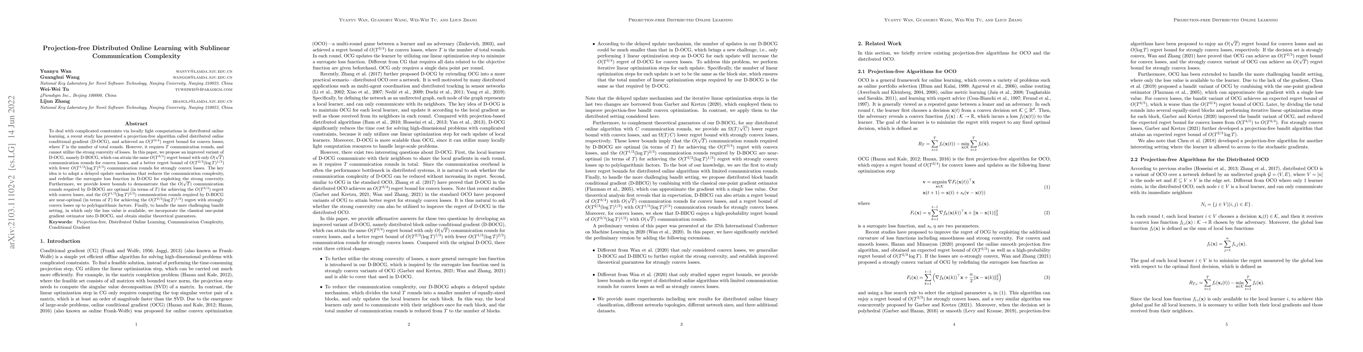 Thumbnail for Projection-free Distributed Online Learning with Sublinear Communication
  Complexity
