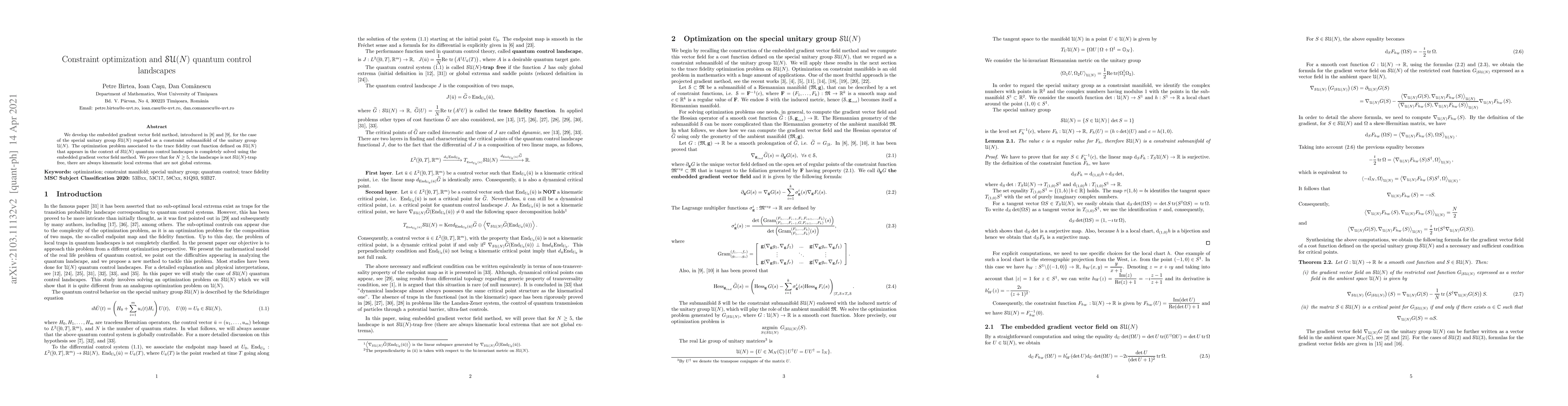 Thumbnail for Constraint optimization and $\mathcal{SU}(N)$ quantum control landscapes
