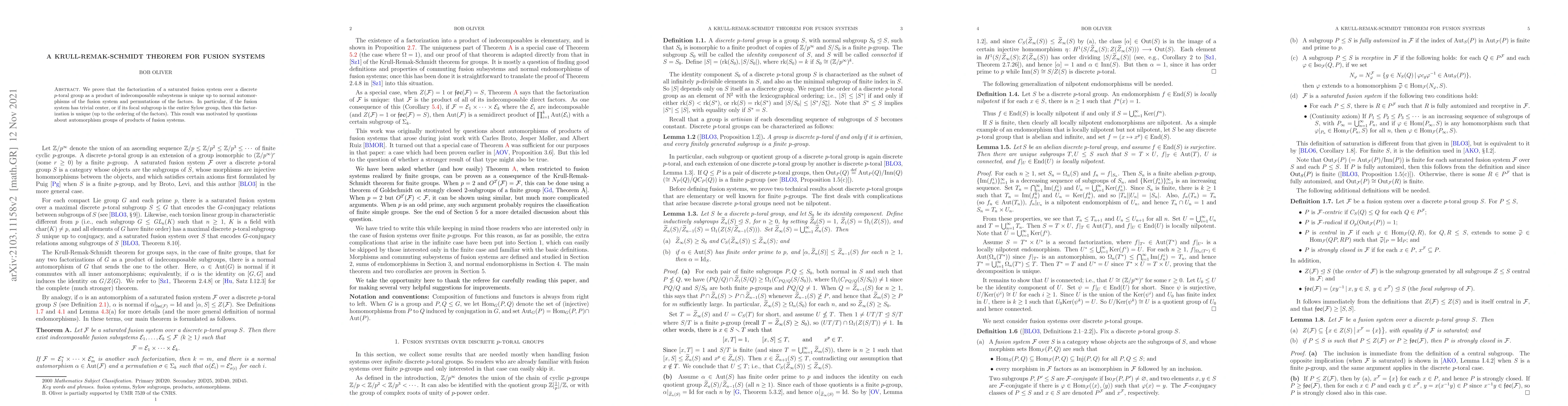 Thumbnail for A Krull-Remak-Schmidt theorem for fusion systems