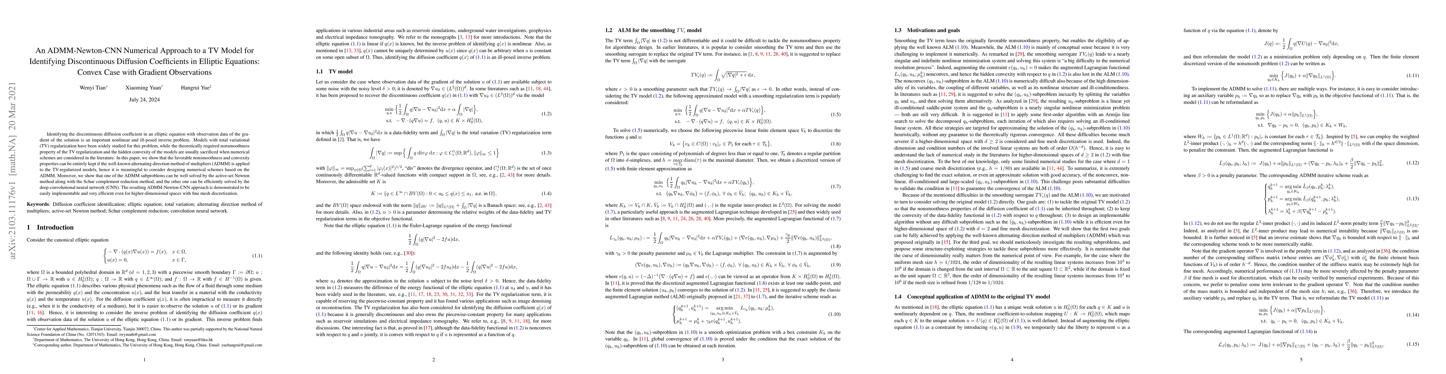 Thumbnail for An ADMM-Newton-CNN Numerical Approach to a TV Model for Identifying
  Discontinuous Diffusion Coefficients in Elliptic Equations: Convex Case with
  Gradient Observations