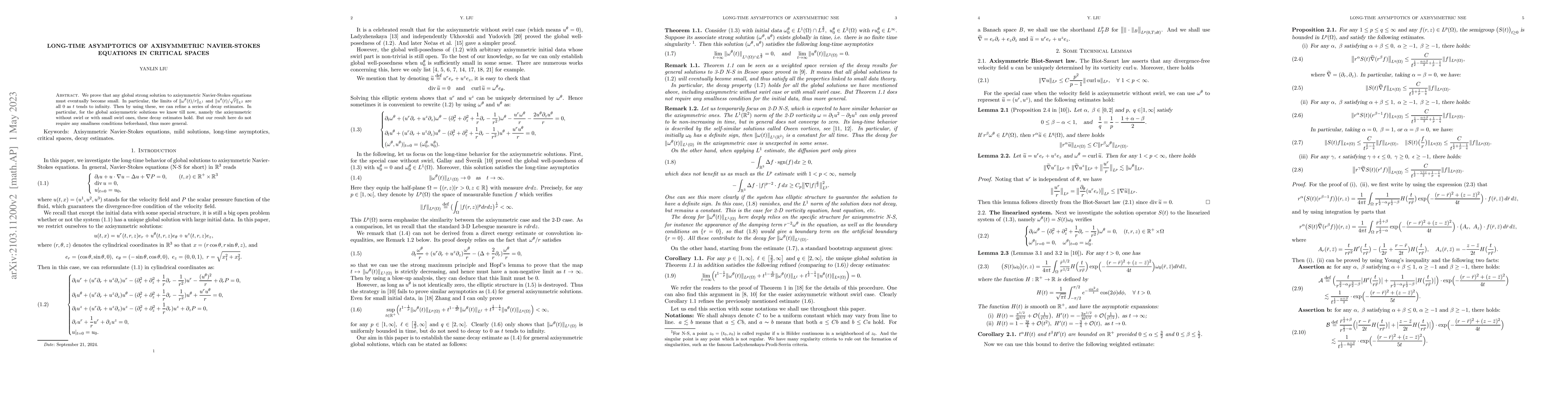 Thumbnail for Long-time asymptotics of $3$-D axisymmetric Navier-Stokes equations in
  critical spaces
